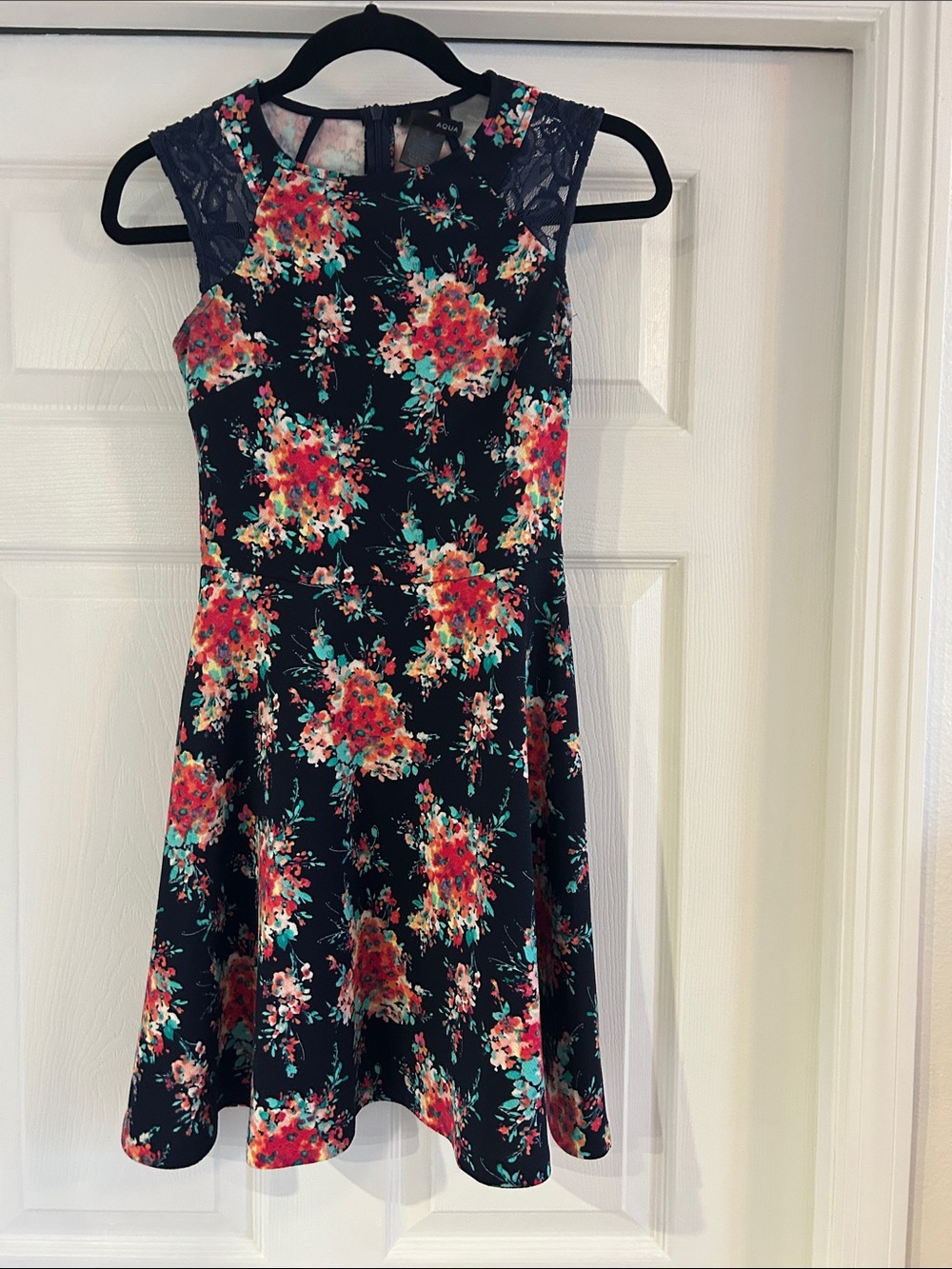 AQUA size small mini flare dress. Black  with red, pink and aqua floral print